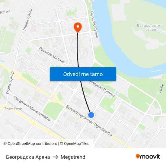 Београдска Арена to Megatrend map