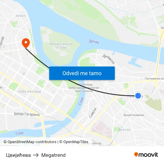 Цвијићева to Megatrend map
