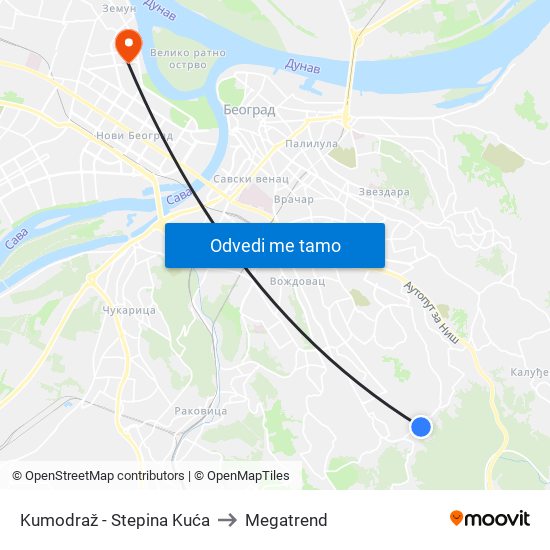 Kumodraž - Stepina Kuća to Megatrend map