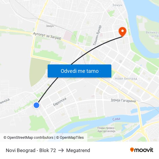 Novi Beograd - Blok 72 to Megatrend map