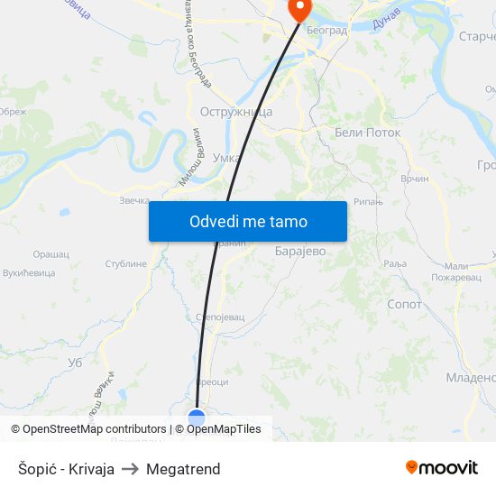 Šopić - Krivaja to Megatrend map