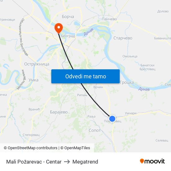 Mali Požarevac - Centar to Megatrend map