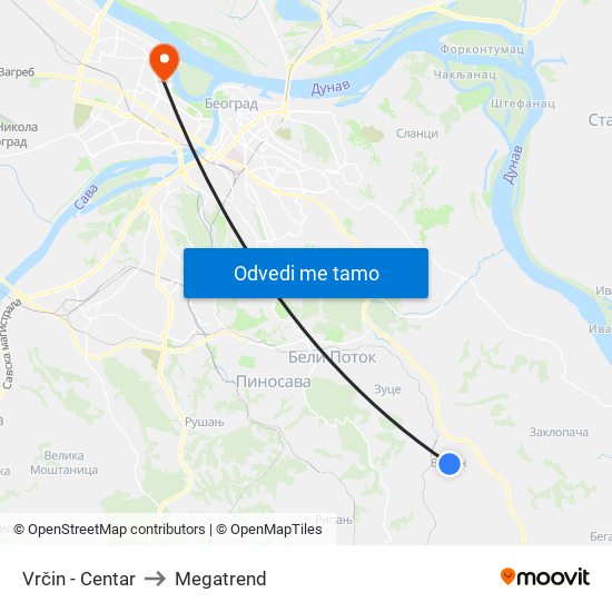 Vrčin - Centar to Megatrend map