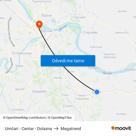 Umčari - Centar - Dolazna to Megatrend map