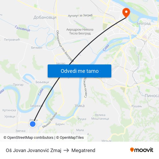 Oš Jovan Jovanović Zmaj to Megatrend map