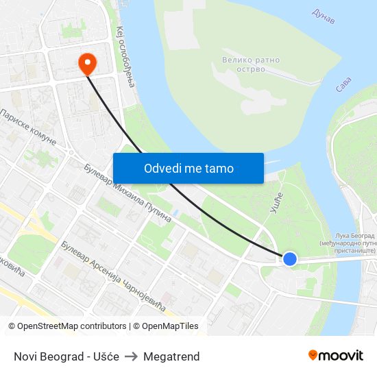 Novi Beograd - Ušće to Megatrend map