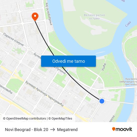 Novi Beograd - Blok 20 to Megatrend map