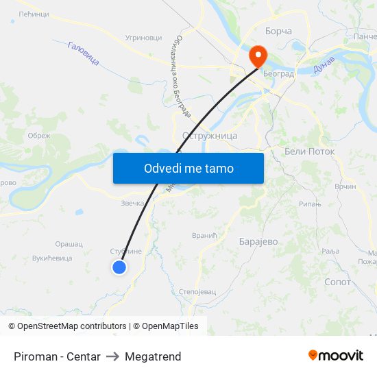 Piroman - Centar to Megatrend map