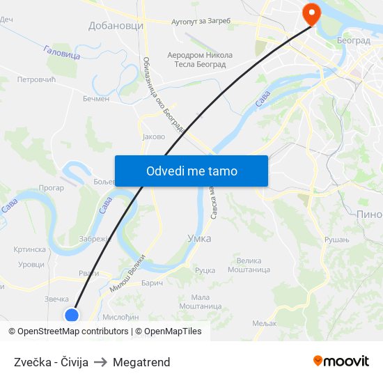 Zvečka - Čivija to Megatrend map