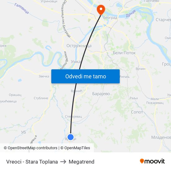 Vreoci - Stara Toplana to Megatrend map