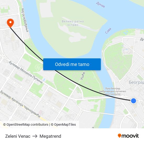 Zeleni Venac to Megatrend map