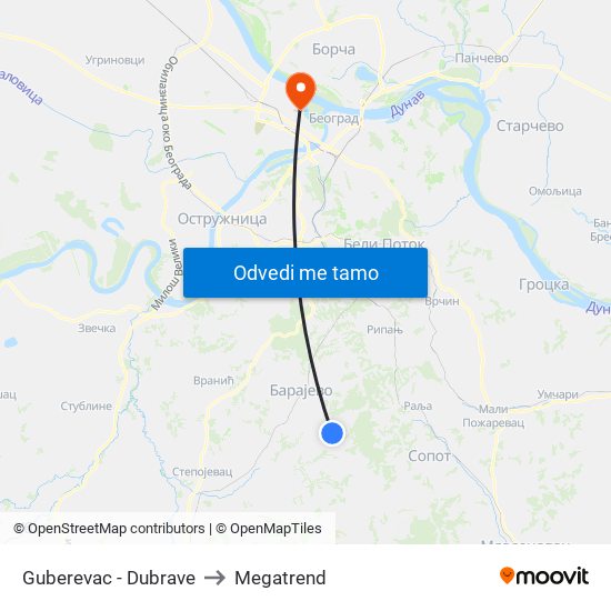 Guberevac - Dubrave to Megatrend map