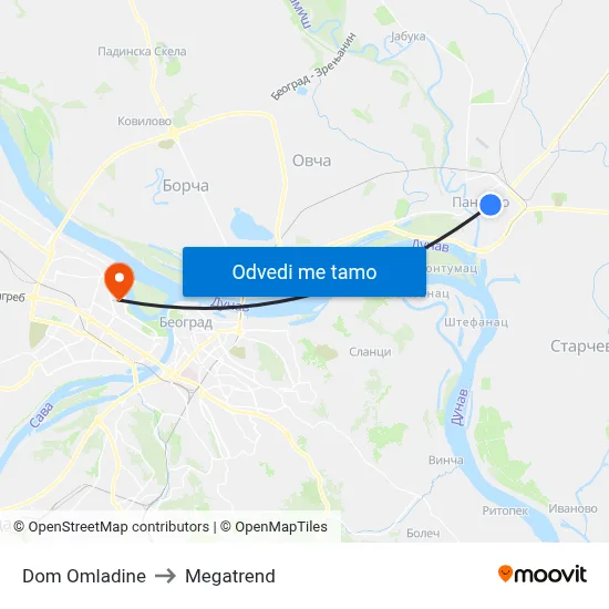 Dom Omladine to Megatrend map
