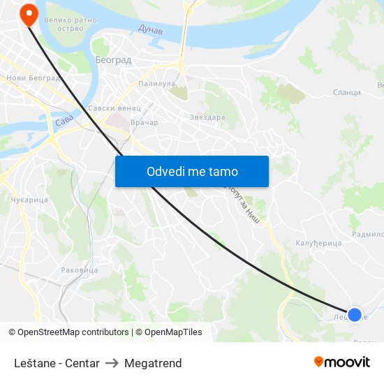 Leštane - Centar to Megatrend map