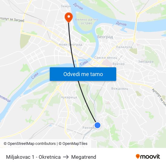 Miljakovac 1 - Okretnica to Megatrend map