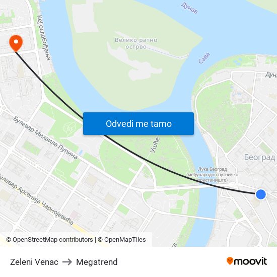 Zeleni Venac to Megatrend map