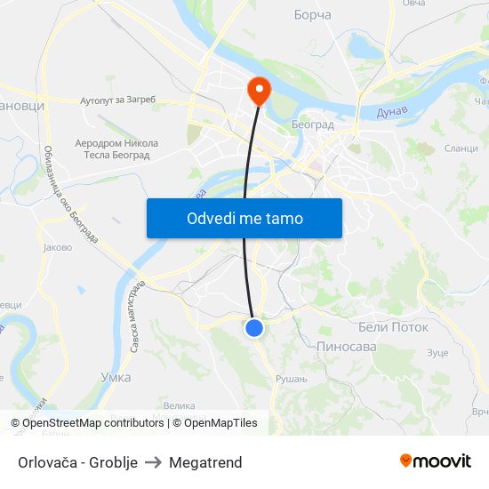 Orlovača - Groblje to Megatrend map