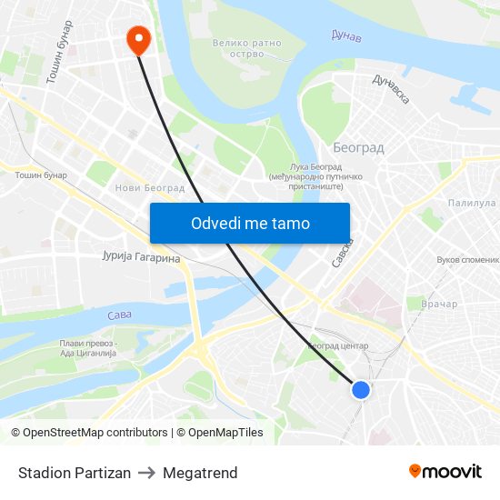 Stadion Partizan to Megatrend map