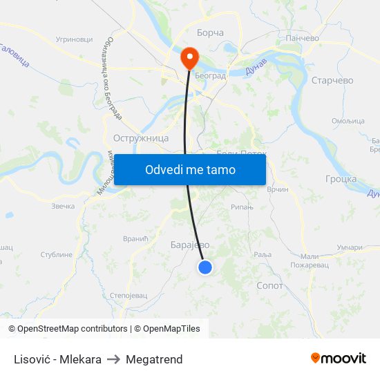 Lisović - Mlekara to Megatrend map