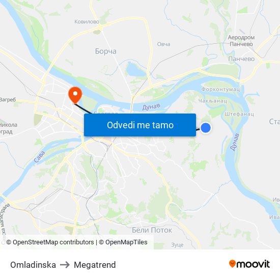 Omladinska to Megatrend map