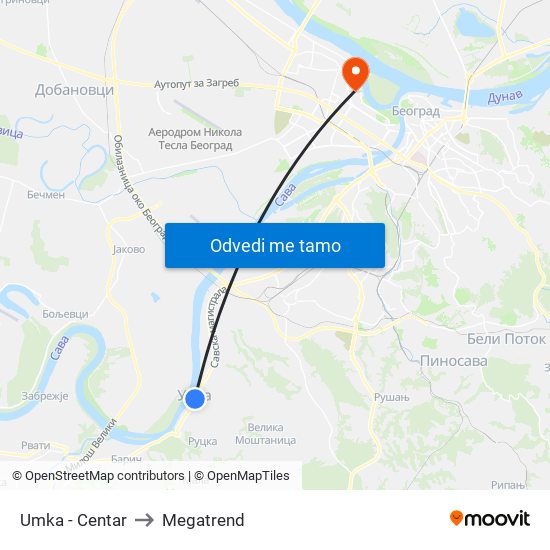 Umka - Centar to Megatrend map