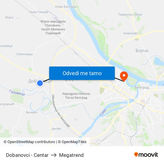 Dobanovci - Centar to Megatrend map