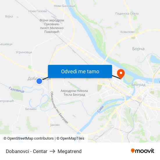 Dobanovci - Centar to Megatrend map