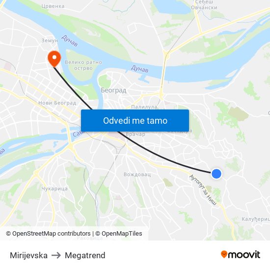 Mirijevska to Megatrend map