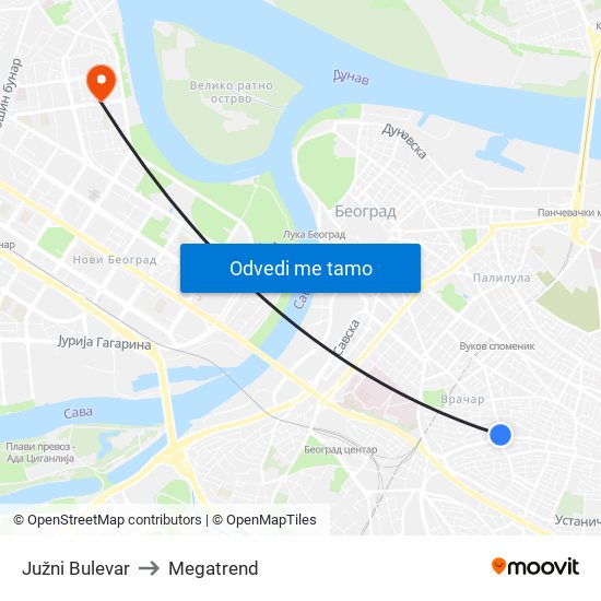 Južni Bulevar to Megatrend map
