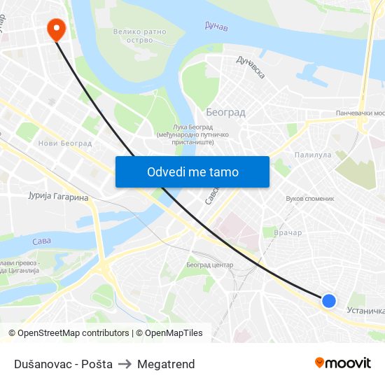 Dušanovac - Pošta to Megatrend map