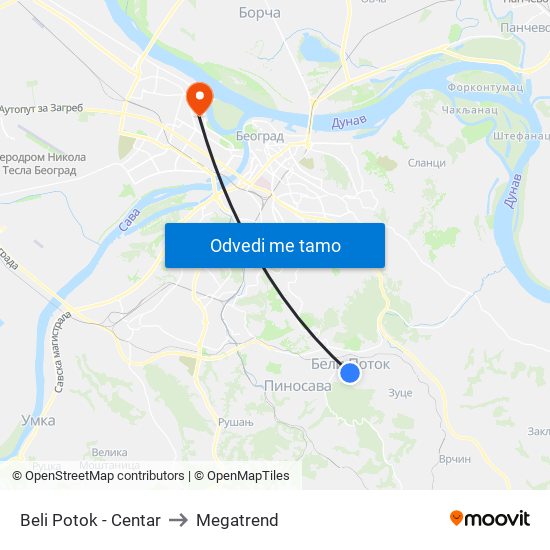 Beli Potok - Centar to Megatrend map