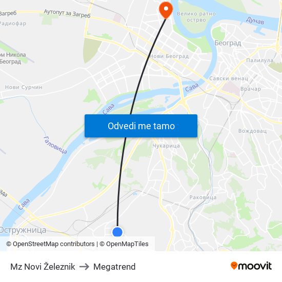 Mz Novi Železnik to Megatrend map