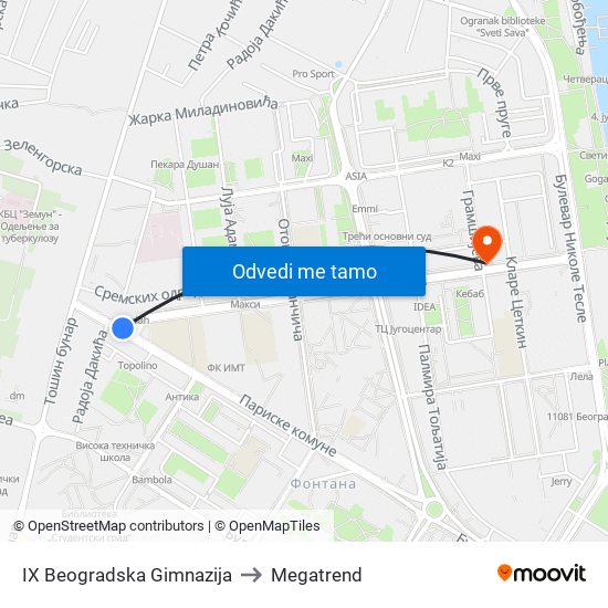 IX Beogradska Gimnazija to Megatrend map