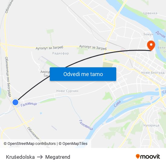 Krušedolska to Megatrend map