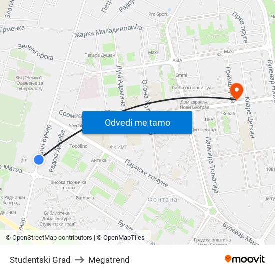 Studentski Grad to Megatrend map