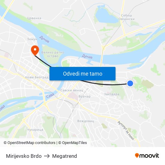 Mirijevsko Brdo to Megatrend map