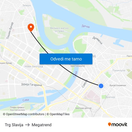 Trg Slavija to Megatrend map