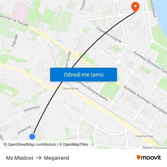 Mz Mladost to Megatrend map