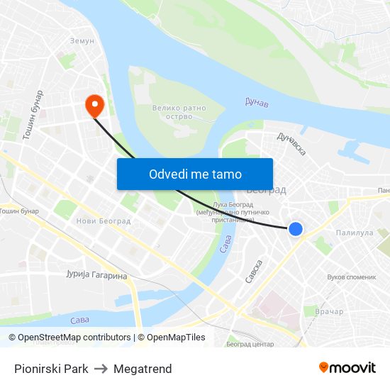 Pionirski Park to Megatrend map
