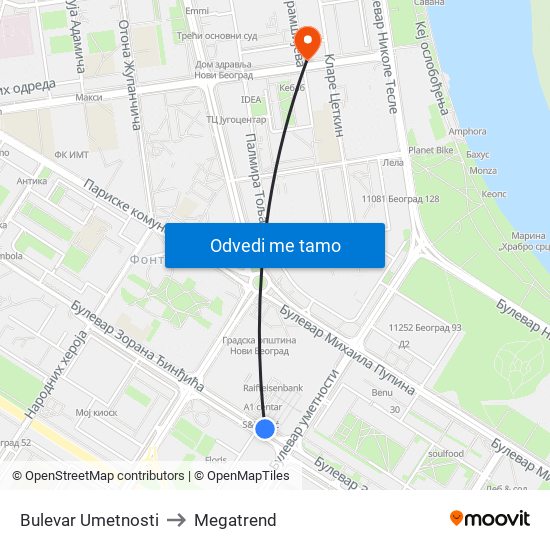 Bulevar Umetnosti to Megatrend map