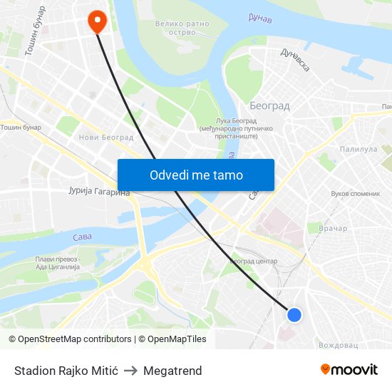 Stadion Rajko Mitić to Megatrend map