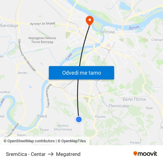 Sremčica - Centar to Megatrend map