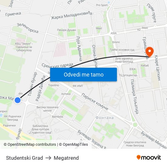 Studentski Grad to Megatrend map