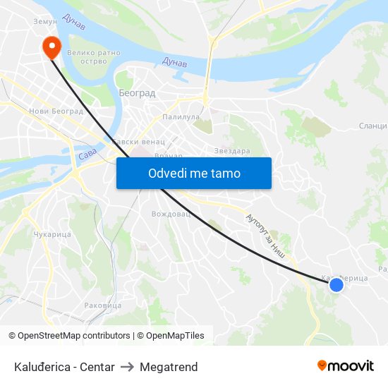 Kaluđerica - Centar to Megatrend map