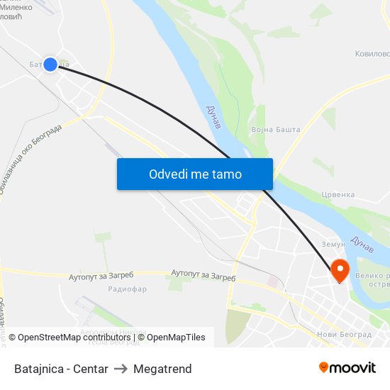 Batajnica - Centar to Megatrend map