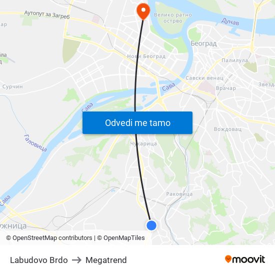 Labudovo Brdo to Megatrend map