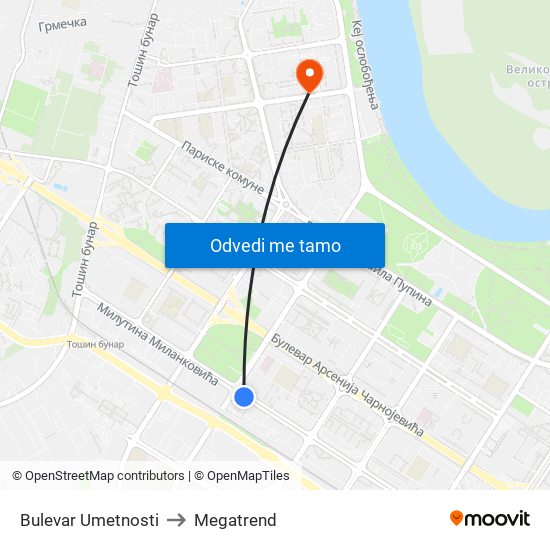 Bulevar Umetnosti to Megatrend map