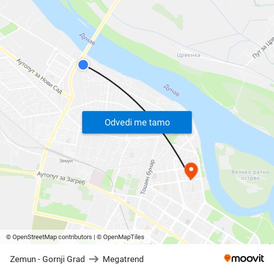 Zemun - Gornji Grad to Megatrend map