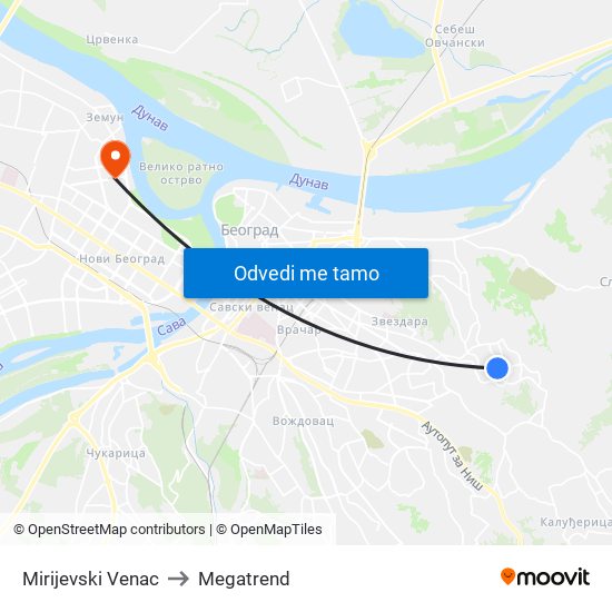 Mirijevski Venac to Megatrend map