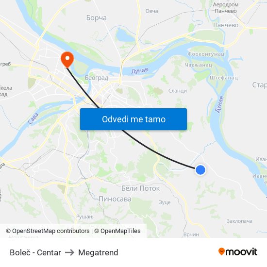Boleč - Centar to Megatrend map